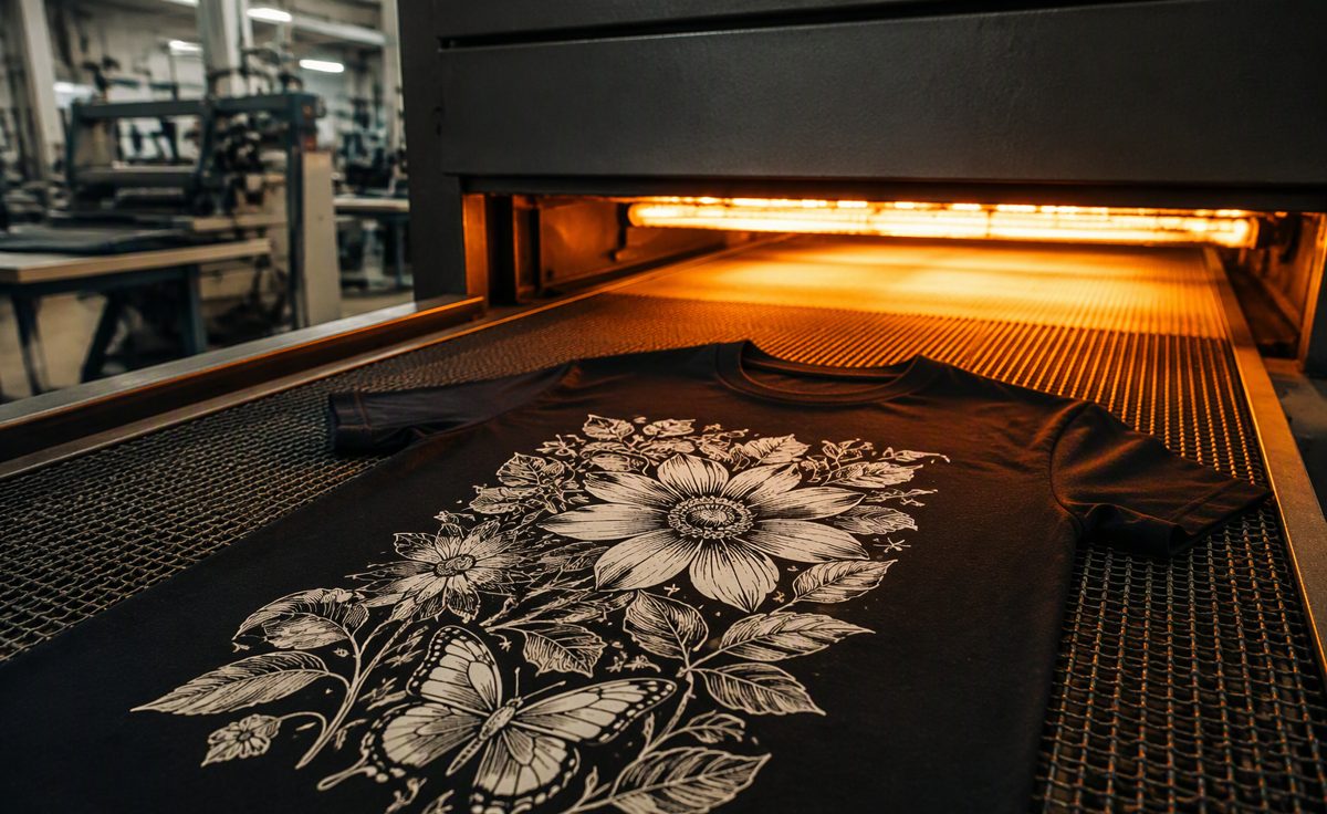 A printed t-shirt on the belt of a conveyor tunnel dryer entering the glowing heat chamber