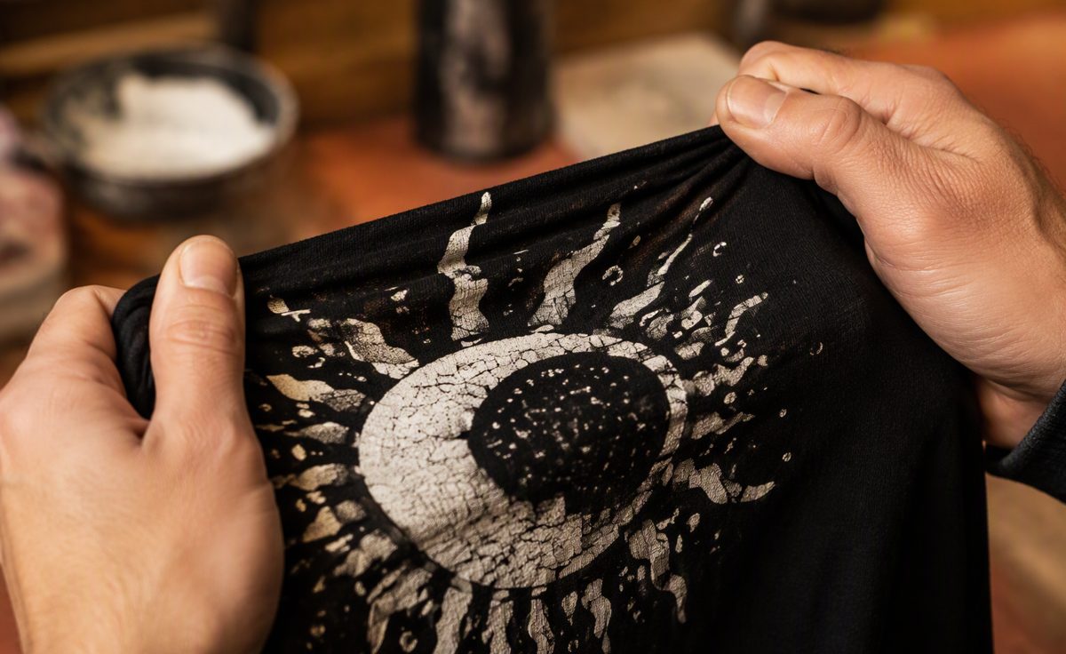 Two hands stretching a black t-shirt whose white print has cracked like dried mud — a failed stretch test