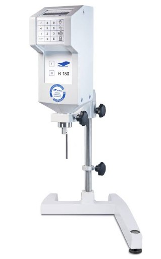 A laboratory rotational viscometer with keypad, display and a measuring spindle mounted on a lab stand