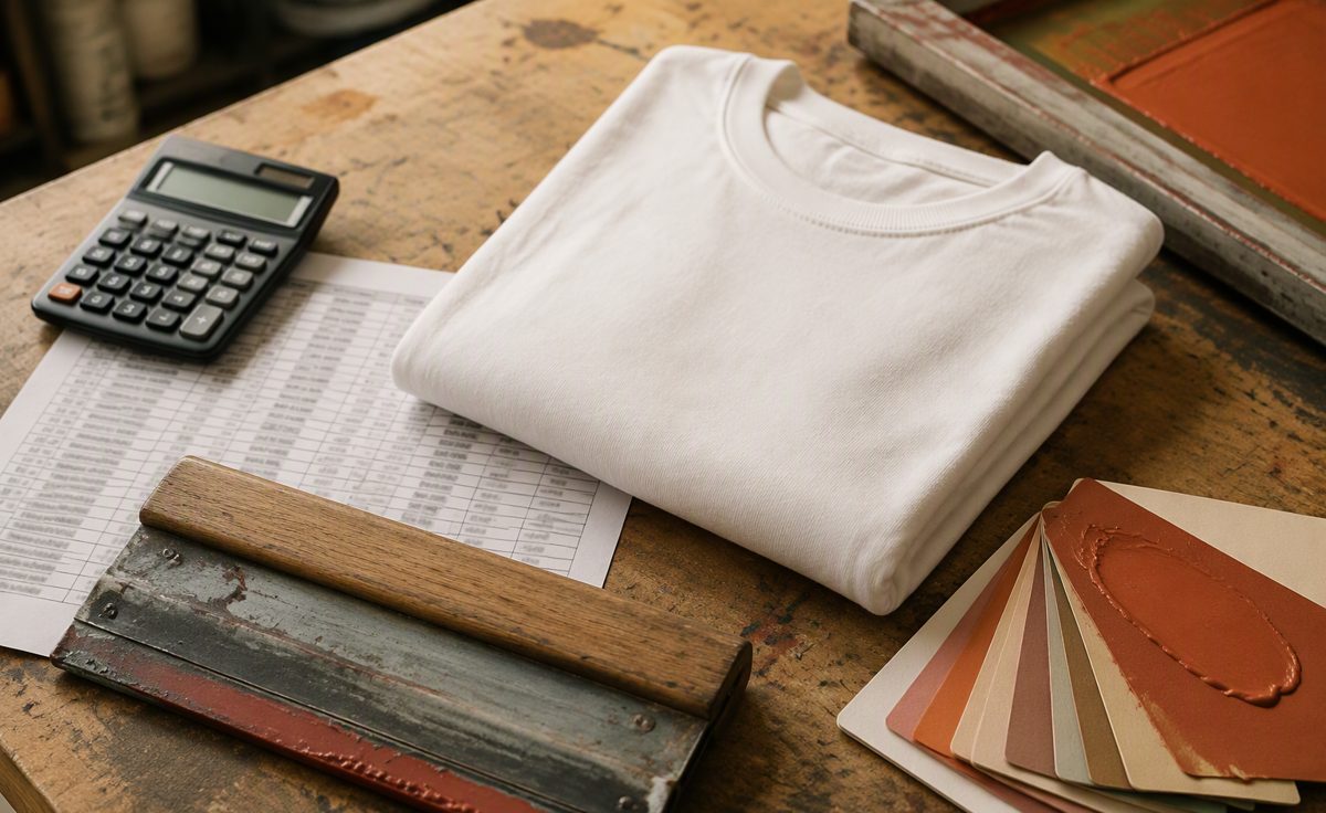 Workshop table with a calculator, a printed cost spreadsheet, a blank t-shirt, a squeegee, and ink swatches
