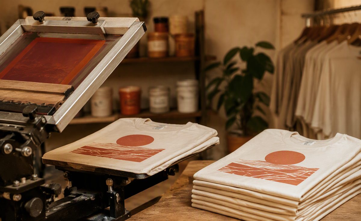 A stack of freshly printed t-shirts beside a manual screen printing press in a small shop