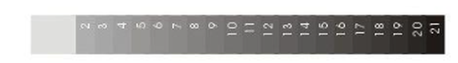A 21-step Stouffer sensitivity guide laid out horizontally: 21 gray steps running from nearly clear (step 1) on the left to nearly black (step 21) on the right