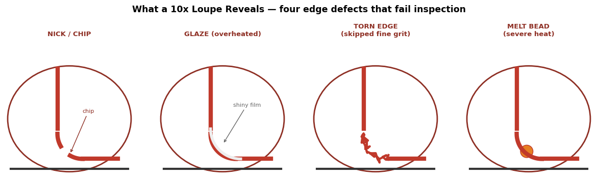 Four squeegee edge defects visible under a 10x loupe: a nick or chip in the edge, a shiny glazed zone from overheating, a ragged torn edge from skipping fine grit, and a melt bead from severe heat.