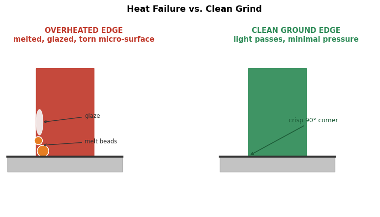 Comparison of an overheated squeegee edge — melted, glazed, torn micro-surface — versus a clean ground edge with a crisp 90-degree corner produced by light passes and minimal pressure.