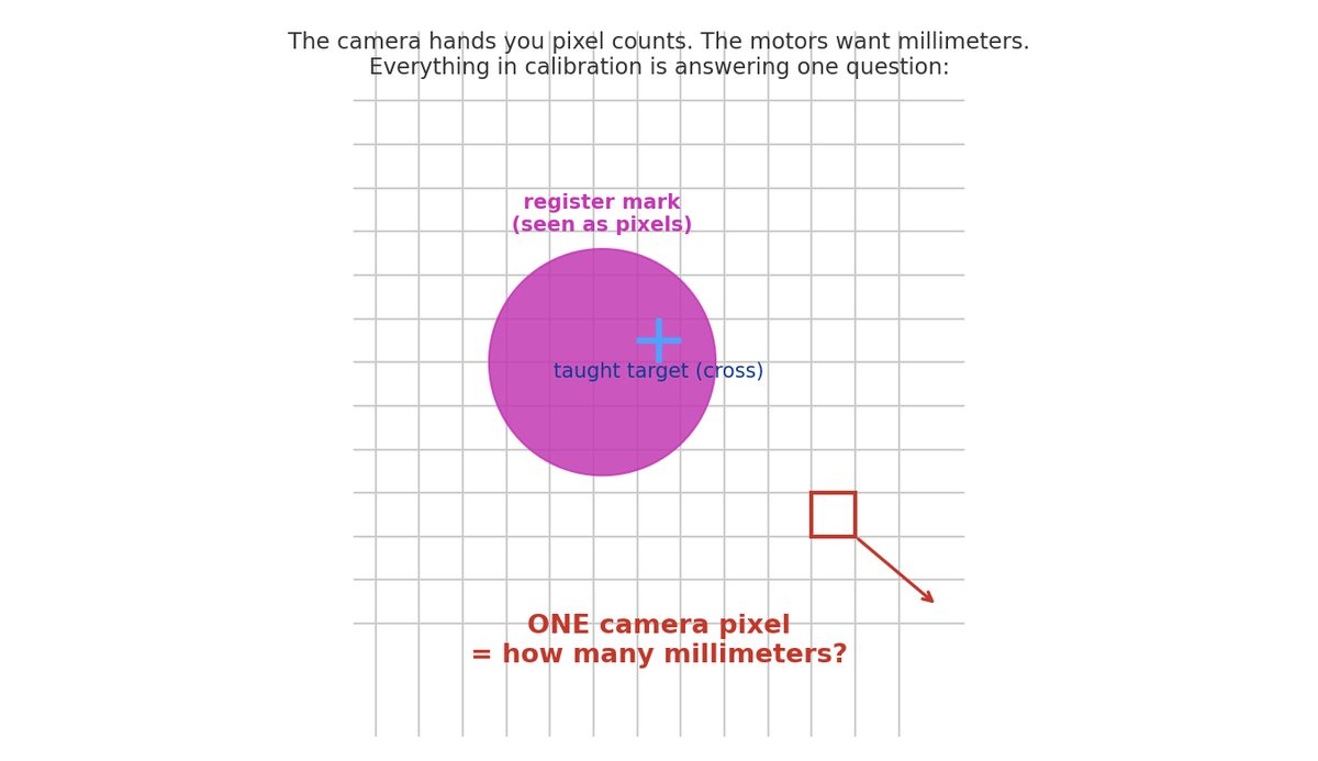 Pixel grid with a register mark and a taught cross; one pixel highlighted with the question: how many millimeters?