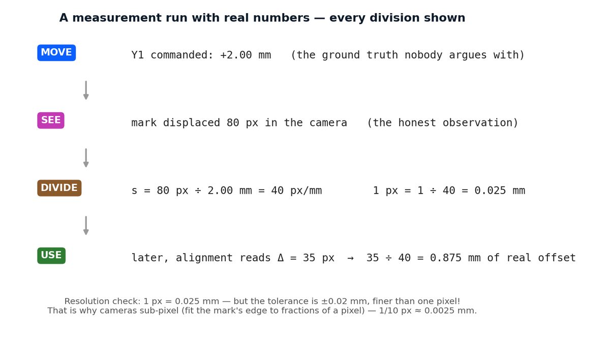 Worked example chain: move 2.00 mm, see 80 px, divide to get 40 px per mm, then use it on a 35 px reading