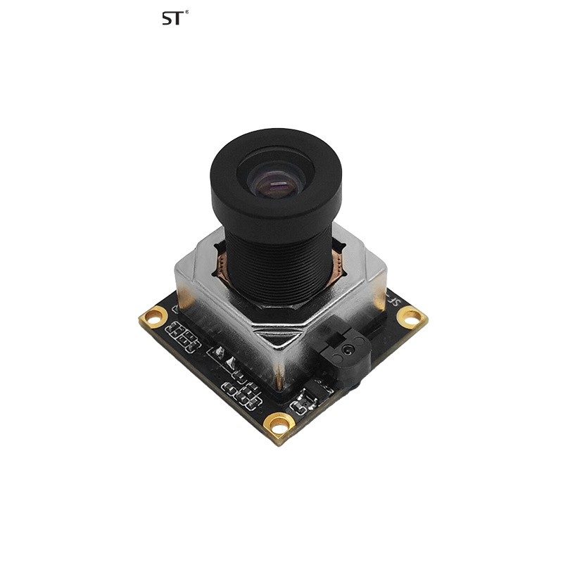 A small industrial camera module: lens barrel on top, sensor board underneath