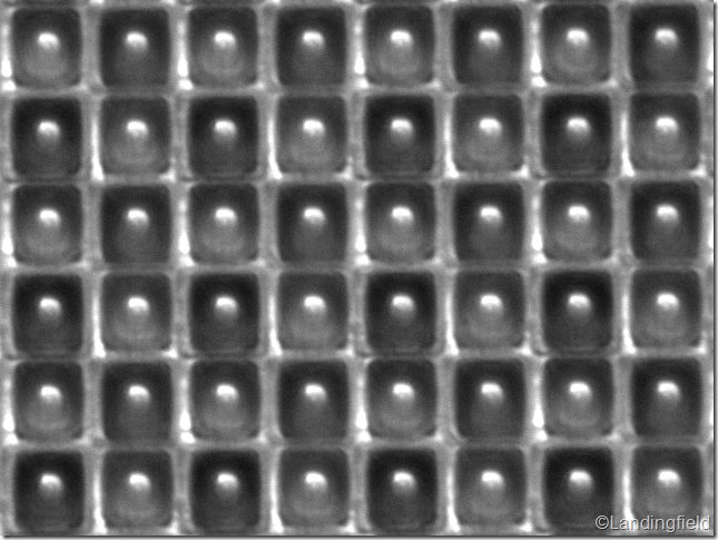 Microscope view of a CMOS pixel array: a grid of tiny wells