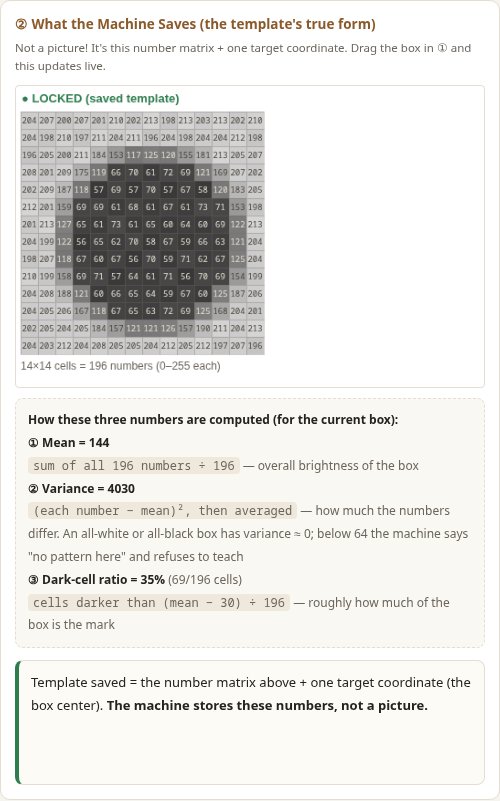 The saved template shown as a matrix of brightness numbers, with the math behind mean, variance and dark-cell ratio