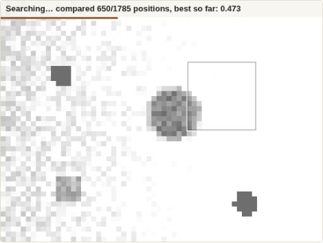 The search animation: the template window slides across the image with a live progress bar
