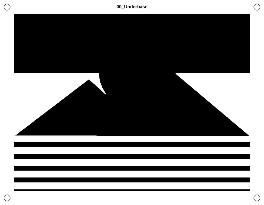 Exported film positive for the underbase plate: solid black coverage on white, registration marks in the corners, plate name at the top.