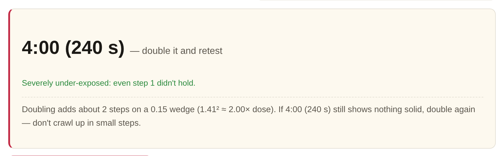 Nothing solid at 120 seconds: the tool refuses the formula and tells you to double to 240 seconds and retest.