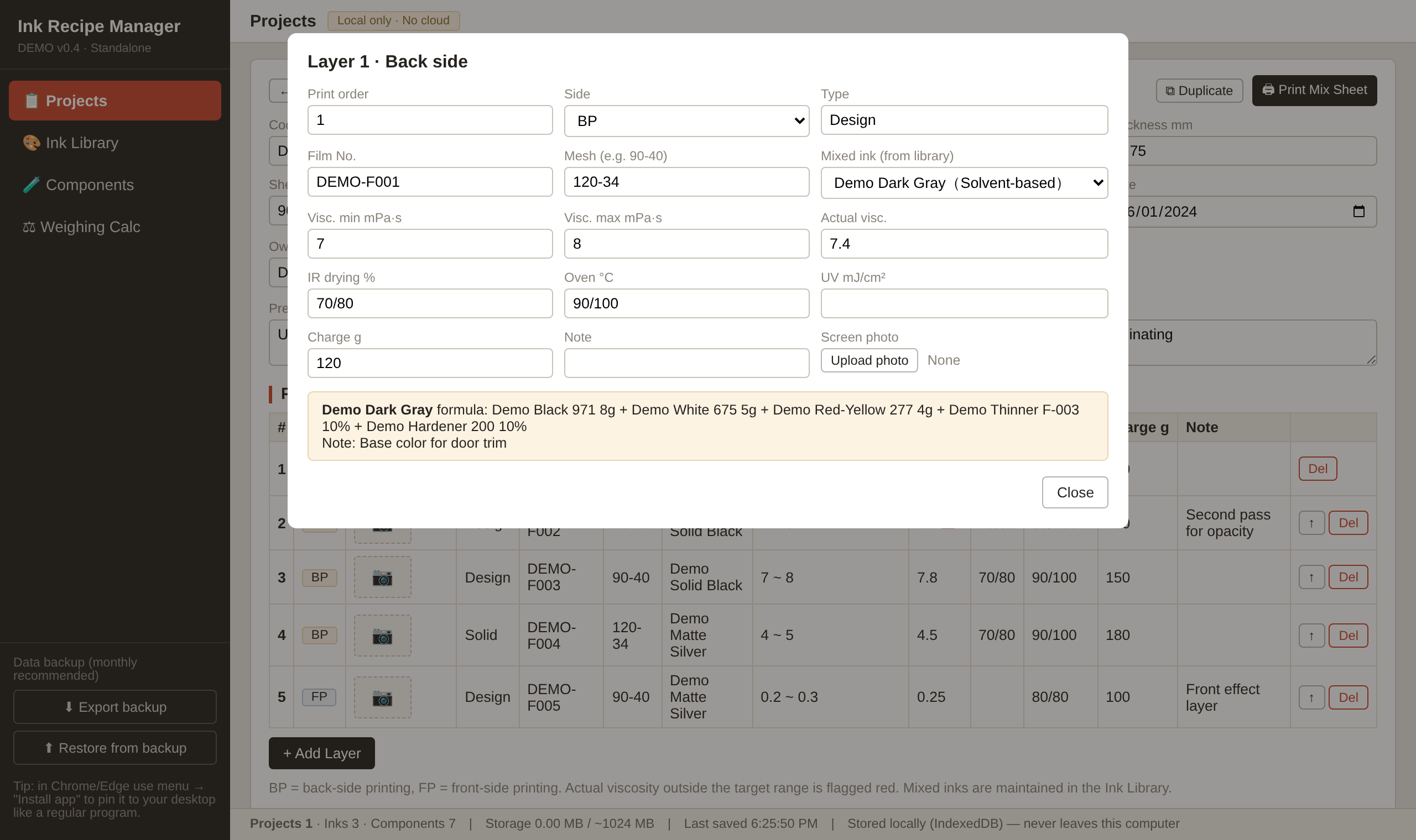 Layer edit dialog with ink formula preview
