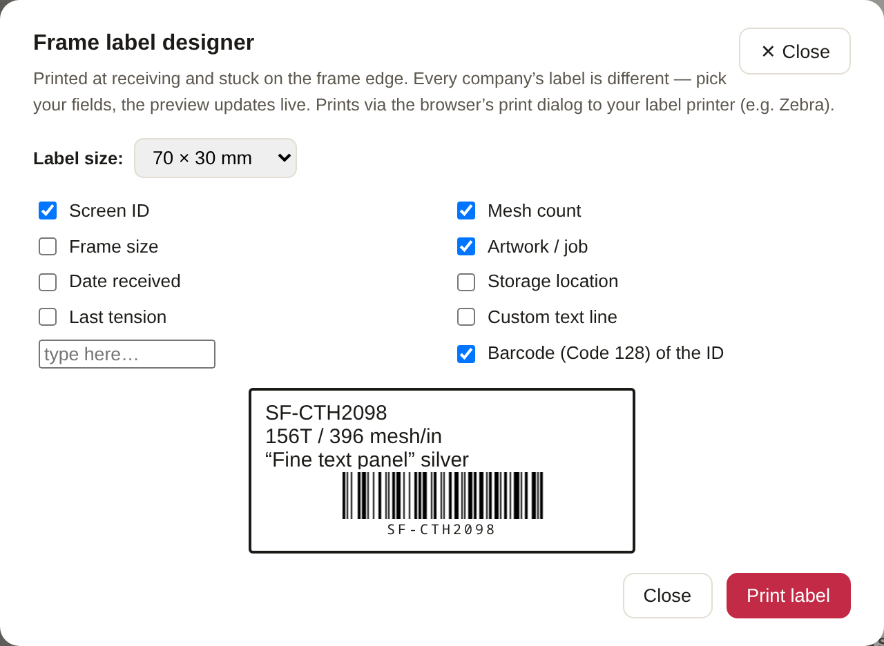 The label designer: field checkboxes, a 70 × 30 mm size selector, and a live preview showing the screen ID, mesh, artwork and a Code 128 barcode sized to fit the label.
