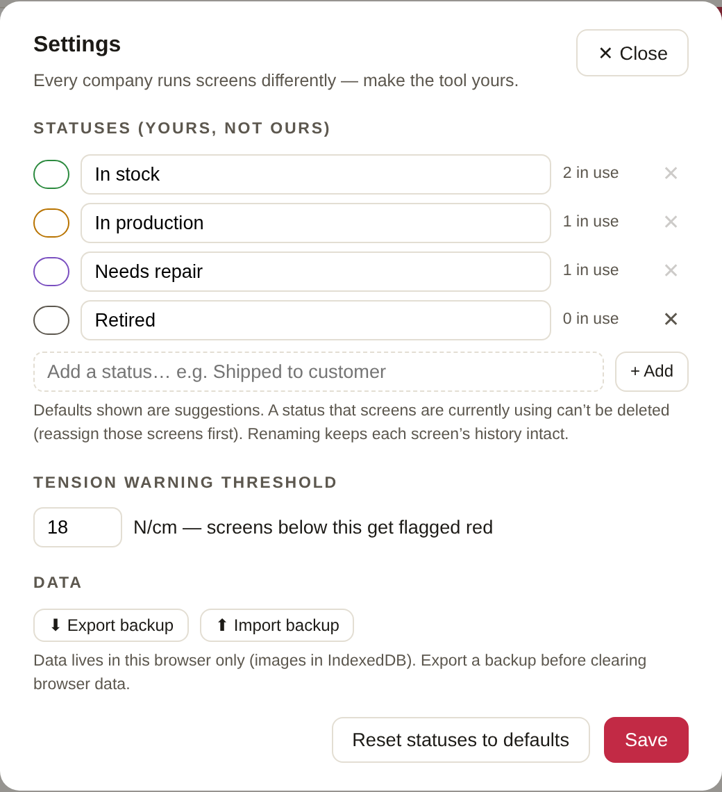 The settings modal's status editor: four default statuses as editable text fields with colored pills and in-use counts, delete buttons disabled for statuses that screens are using, and an add-a-status row.