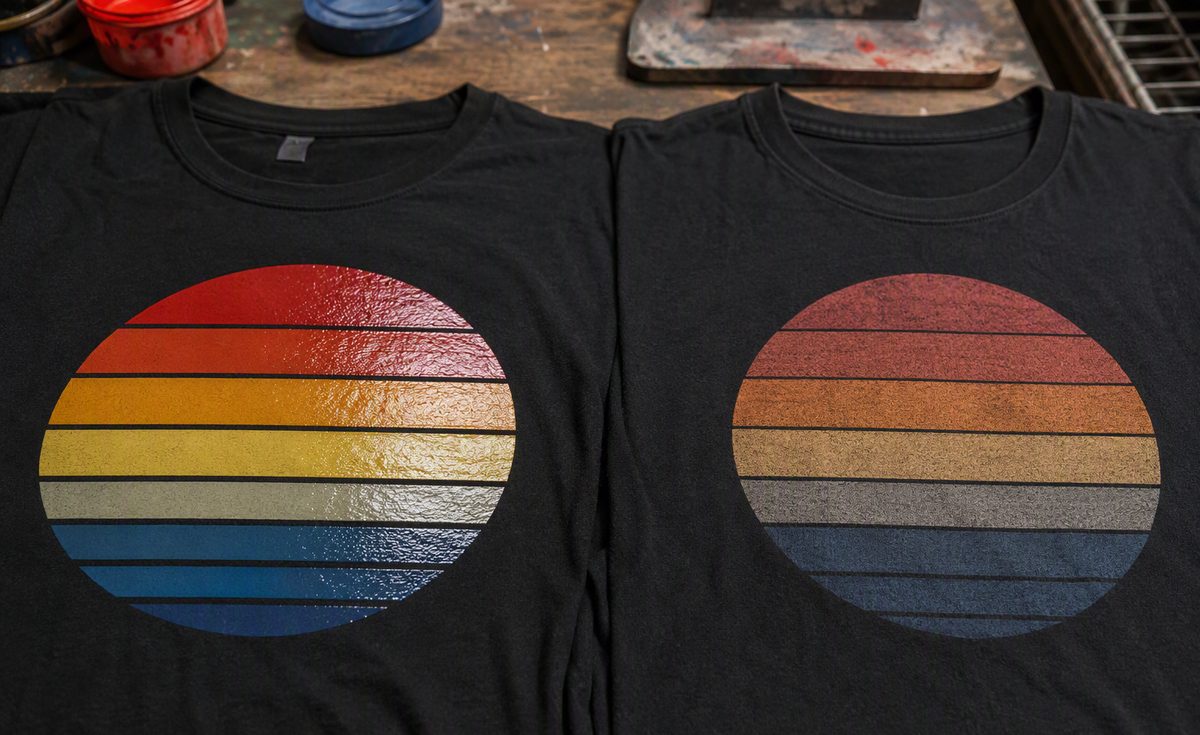 Two black t-shirts side by side: left with a glossy raised plastisol print, right with a faded soft water-based print